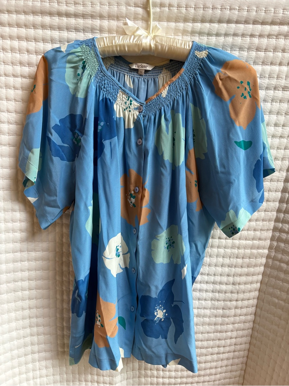 Tucker Blue Floral Button-Front Tunic with Puff Sleeves
